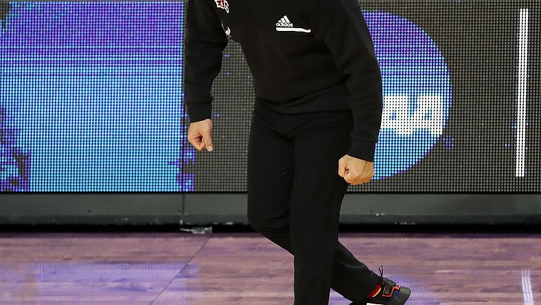 Eastern Washington Eagles head coach Shantay Legans reacts in the first half against the Kansas Jayhawks during the first round of the 2021 NCAA Tournament on Saturday, March 20, 2021, at Indiana Farmers Coliseum in Indianapolis, Ind. Mandatory Credit: Matt Stone/IndyStar via USA TODAY Sports