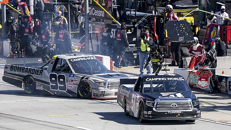 Mar 20, 2021; Hampton, GA, USA; NASCAR Gander RV and Outdoors Truck Series driver Kyle Busch (51) leaves the pit at Atlanta Motor Speedway. Mandatory Credit: Marvin Gentry-USA TODAY Sports