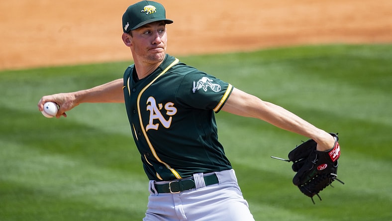 Mar 20, 2021; Tempe, Arizona, USA; Oakland Athletics pitcher Chris Bassitt against the Los Angeles Angels during a Spring Training game at Tempe Diablo Stadium. Mandatory Credit: Mark J. Rebilas-USA TODAY Sports