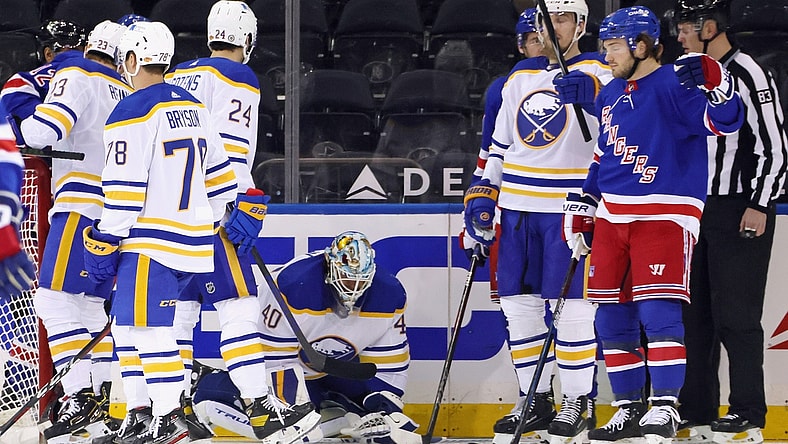 Mar 22, 2021; New York, New York, USA;  Buffalo Sabres goaltender Carter Hutton (40) is injured during the first period against the New York Rangers at Madison Square Garden. Mandatory Credit: Bruce Bennett/POOL PHOTOS-USA TODAY Sports