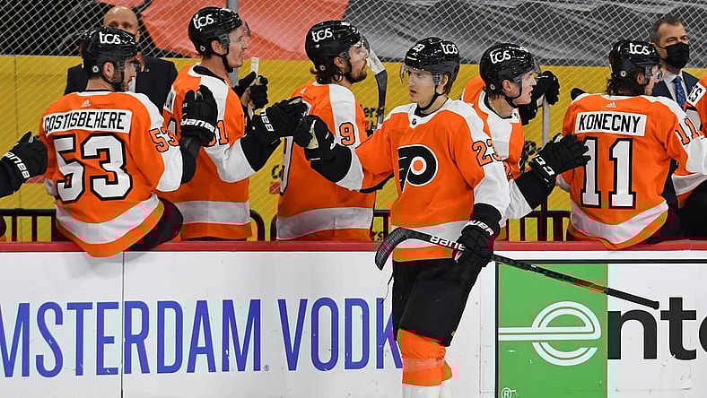 Mar 22, 2021; Philadelphia, Pennsylvania, USA; Philadelphia Flyers left wing Oskar Lindblom (23) celebrates his goal with teammates against the New York Islanders during the second period at Wells Fargo Center. Mandatory Credit: Eric Hartline-USA TODAY Sports