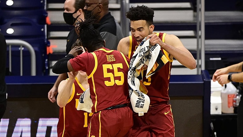 Mar 22, 2021; Indianapolis, Indiana, USA; Southern California Trojans forward Isaiah Mobley (3) celebrates with guard Amar Ross (55) during the second half in the second round of the 2021 NCAA Tournament against the Kansas Jayhawks at Hinkle Fieldhouse. Mandatory Credit: Marc Lebryk-USA TODAY Sports