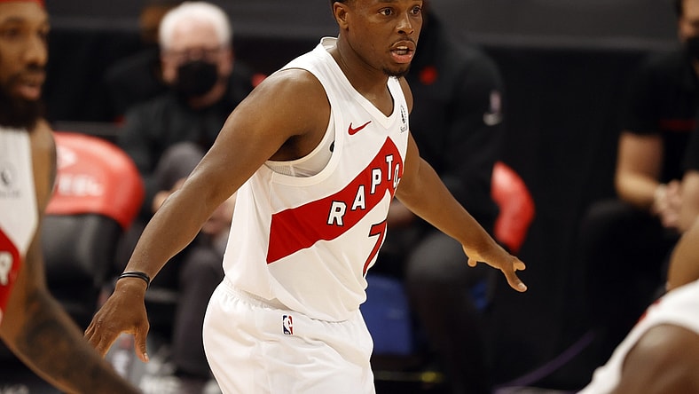 Mar 24, 2021; Tampa, Florida, USA; Toronto Raptors guard Kyle Lowry (7) against the Denver Nuggets during the second half at Amalie Arena. Mandatory Credit: Kim Klement-USA TODAY Sports
