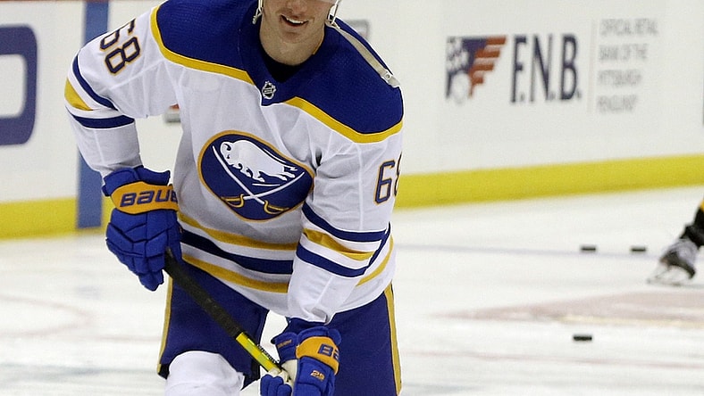 Mar 25, 2021; Pittsburgh, Pennsylvania, USA;  Buffalo Sabres right wing Victor Olofsson (68) warms up before playing the Pittsburgh Penguins at PPG Paints Arena. Mandatory Credit: Charles LeClaire-USA TODAY Sports