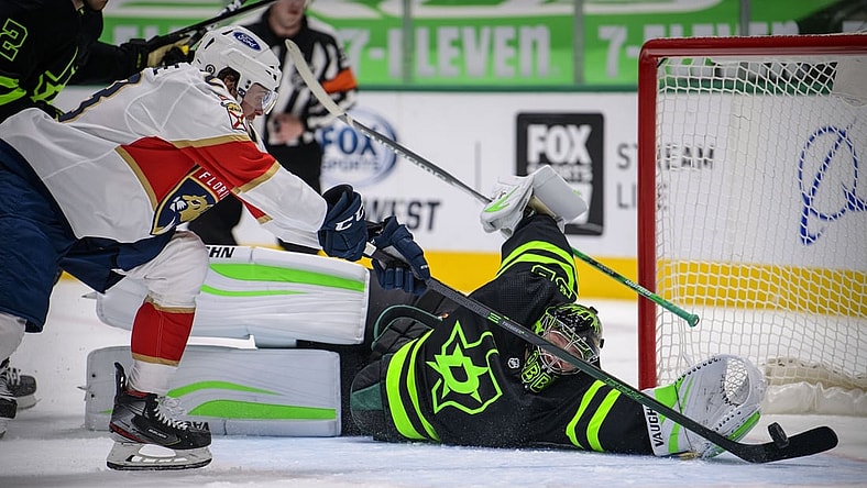 Mar 27, 2021; Dallas, Texas, USA; Dallas Stars goaltender Anton Khudobin (35) allows a second goal to Florida Panthers center Carter Verhaeghe (23) during the first period at the American Airlines Center. Mandatory Credit: Jerome Miron-USA TODAY Sports
