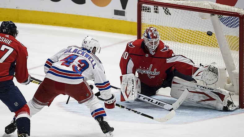 Mar 28, 2021; Washington, District of Columbia, USA; New York Rangers center Colin Blackwell (43) scores a goal against Washington Capitals goaltender Ilya Samsonov (30) during the third period at Capital One Arena. Mandatory Credit: Scott Taetsch-USA TODAY Sports