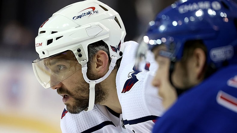 Mar 30, 2021; New York, New York, USA; Washington Capitals left wing Alex Ovechkin (8) looks on against the New York Rangers during a game at Madison Square Garden. Mandatory Credit: Al Bello/POOL PHOTOS-USA TODAY Sports