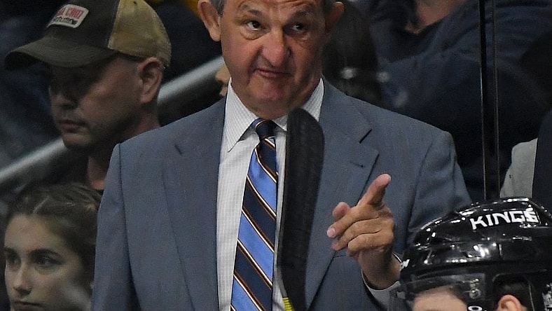 Apr 2, 2017; Los Angeles, CA, USA; Los Angeles Kings head coach Darryl Sutter makes a point in the first period of the game against the Arizona Coyotes at Staples Center. Mandatory Credit: Jayne Kamin-Oncea-USA TODAY Sports
