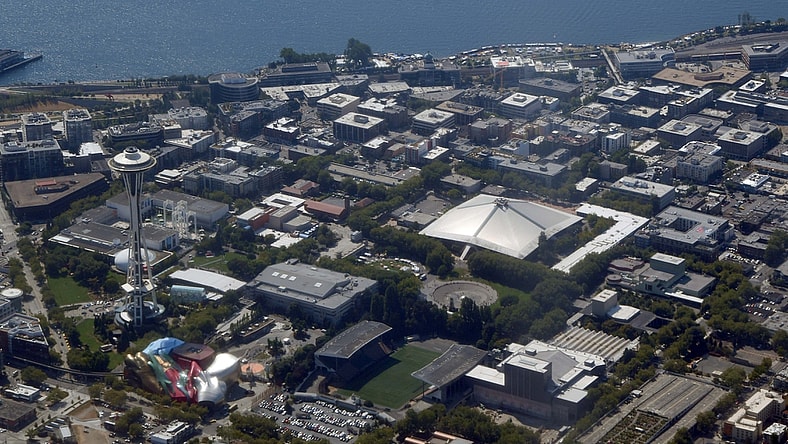 Aug 18, 2017; Seattle, WA, USA; General overall aerial view of the Space Needle and the Key Arena. Mandatory Credit: Kirby Lee-USA TODAY Sports