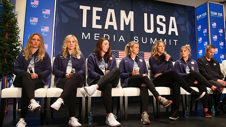 Sep 26, 2017; Park City, UT, USA; Team USA women's hockey players during the 2018 U.S. Olympic Summit at Grand Summit Hotel. Mandatory Credit: Jerry Lai-USA TODAY Sports