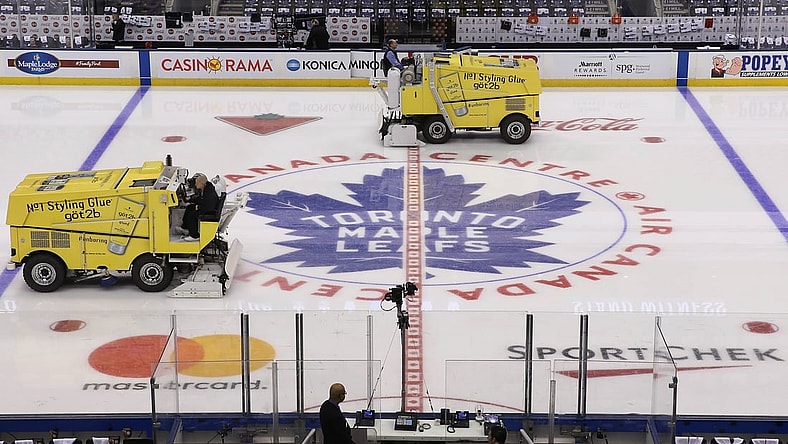 Oct 7, 2017; Toronto, Ontario, CAN; A general view of the logo at center ice as the zambonis clear the ice before the Toronto Maple Leafs home opener against the New York Rangers at Air Canada Centre. Mandatory Credit: Tom Szczerbowski-USA TODAY Sports