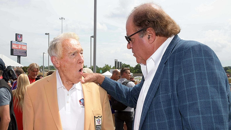 Aug 3, 2018; Canton, OH, USA; Buffalo Bills former coach Marv Levy (left) talks with ESPN broadcaster Chris Berman at the Pro Football Hall of Fame. Mandatory Credit: Kirby Lee-USA TODAY Sports