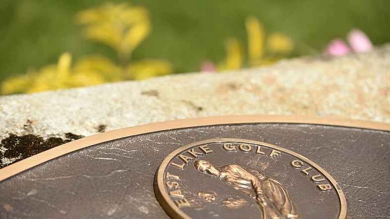 Sep 20, 2018; Atlanta, GA, USA; General view of the East Lake Golf Club logo during the first round of the Tour Championship golf tournament at East Lake Golf Club. Mandatory Credit: John David Mercer-USA TODAY Sports