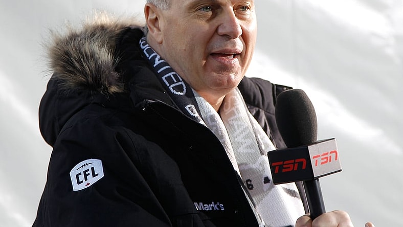 Nov 25, 2018; Edmonton, Alberta, CAN; CFL commissioner Randy Ambrosie during interview pre-game of the 106th Grey Cup game between the Ottawa Redblacks and Calgary Stampeders at The Brick Field at Commonwealth Stadium. Calgary defeated Ottawa. Mandatory Credit: John E. Sokolowski-USA TODAY Sports