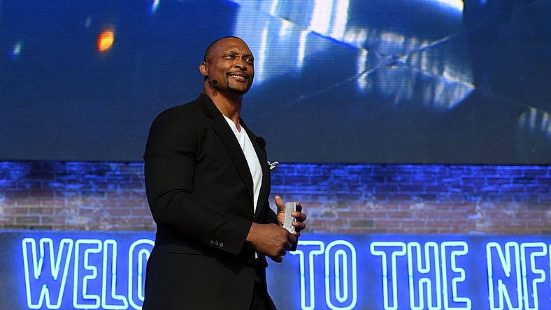 Apr 25, 2019; Nashville, TN, USA; Eddie George on stage prior to the first round of the 2019 NFL Draft in Downtown Nashville. Mandatory Credit: Christopher Hanewinckel-USA TODAY Sports