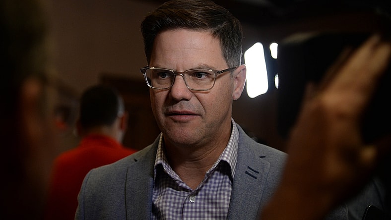 Nov 12, 2019; Scottsdale, AZ, USA; Toronto Blue Jays general manager Ross Atkins speaks during media availability at the Omni Scottsdale Resort & Spa at Montelucia. Mandatory Credit: Joe Camporeale-USA TODAY Sports