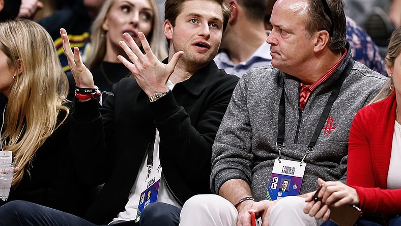 Nov 20, 2019; Denver, CO, USA; Patrick Fertitta (L), son of Houston Rockets owner Tilman Fertitta (not pictured), talks with Rockets CEO Tad Brown (R) in the third quarter of the game against the Denver Nuggets at the Pepsi Center. Mandatory Credit: Isaiah J. Downing-USA TODAY Sports