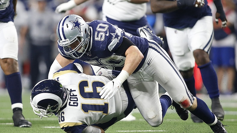 Dec 15, 2019; Arlington, TX, USA; Dallas Cowboys outside linebacker Sean Lee (50) sacks Los Angeles Rams quarterback Jared Goff (16) in the third quarter at AT&T Stadium. Mandatory Credit: Tim Heitman-USA TODAY Sports