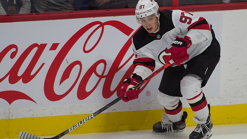 Jan 27, 2020; Ottawa, Ontario, CAN; New Jersey Devils left wing Nikita Gusev (97) skates with the puck in the third period against the Ottawa Senators at the Canadian Tire Centre. Mandatory Credit: Marc DesRosiers-USA TODAY Sports