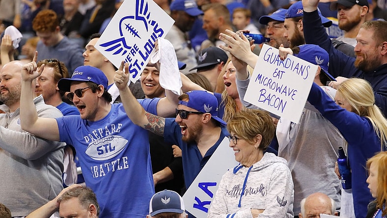 Feb 23, 2020; St. Louis, Missouri, USA; St. Louis Battlehawks fans cheer during the second half of an XFL game against the NY Guardians at The Dome at America's Center. Mandatory Credit: Billy Hurst-USA TODAY Sports
