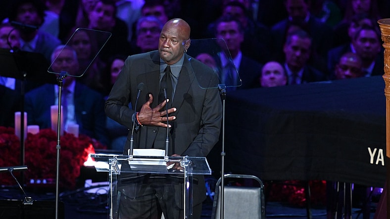Feb 24, 2020; Los Angeles, California, USA;   NBA legend Michael Jordan speaks to the audience during the memorial to celebrate the life of Kobe Bryant and daughter Gianna Bryant at Staples Center. Mandatory Credit: Robert Hanashiro-USA TODAY Sports