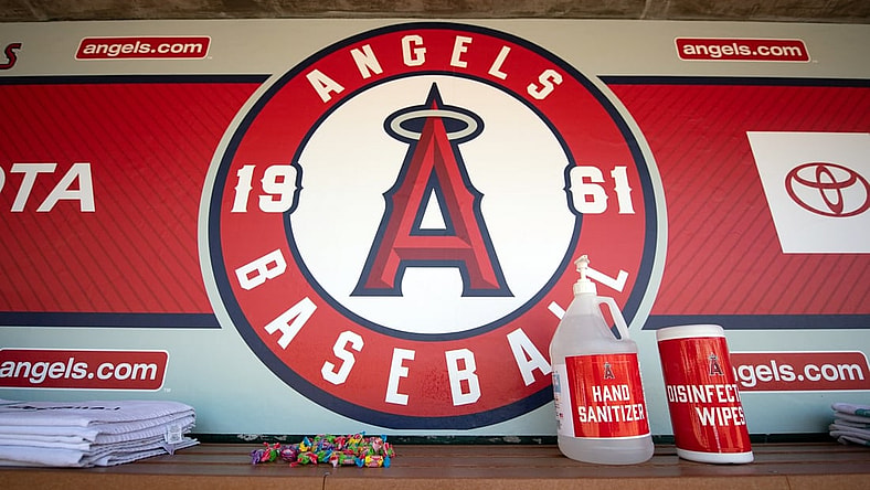 Jul 28, 2020; Anaheim, California, USA; Hand sanitizer in the Los Angeles Angels dugout prior to their game against the Seattle Mariners at Angel Stadium. Mandatory Credit: Angels Baseball via USA TODAY Sports