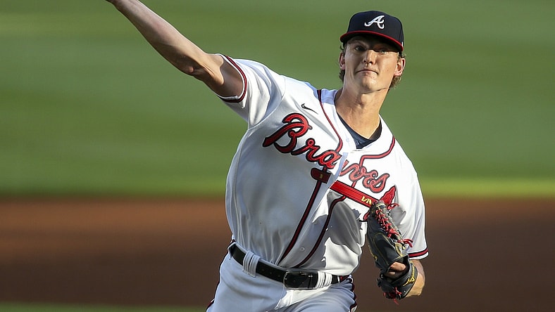 Aug 3, 2020; Atlanta, Georgia, USA; Atlanta Braves starting pitcher Mike Soroka (40) throws against the New York Mets in the first inning at Truist Park. Mandatory Credit: Brett Davis-USA TODAY Sports