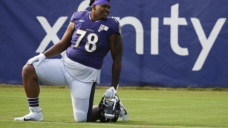 Aug 17, 2020; Owings Mills, Maryland, USA;  Baltimore Ravens offensive tackle Orlando Brown Jr. (78) during practice at Under Armour Performance Center. Mandatory Credit: Tommy Gilligan-USA TODAY Sports
