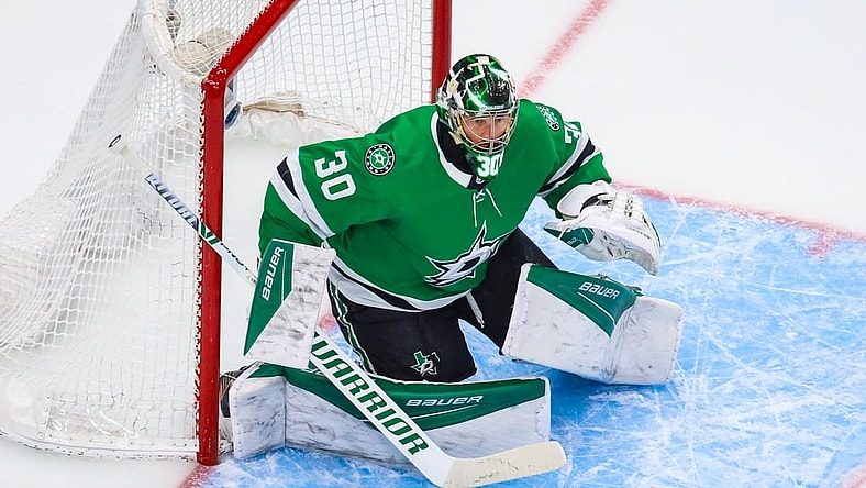Aug 13, 2020; Edmonton, Alberta, CAN; Dallas Stars goaltender Ben Bishop (30) guards his net against the Calgary Flames during the first period in game two of the first round of the 2020 Stanley Cup Playoffs at Rogers Place. Mandatory Credit: Sergei Belski-USA TODAY Sports