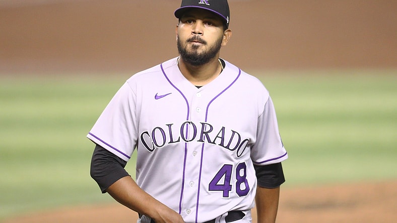Aug 25, 2020; Phoenix, Arizona, USA; Colorado Rockies pitcher German Marquez against the Arizona Diamondbacks at Chase Field. Mandatory Credit: Mark J. Rebilas-USA TODAY Sports