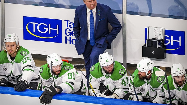 Sep 21, 2020; Edmonton, Alberta, CAN; A view of Dallas Stars head coach Rick Bowness during the third period between the Tampa Bay Lightning and the Dallas Stars in game two of the 2020 Stanley Cup Final at Rogers Place. Mandatory Credit: Sergei Belski-USA TODAY Sports
