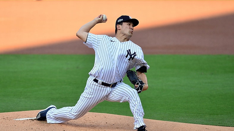 Oct 7, 2020; San Diego, California, USA; New York Yankees starting pitcher Masahiro Tanaka pitches in the first inning against the Tampa Bay Rays during game three of the 2020 ALDS at Petco Park. Mandatory Credit: Gary A. Vasquez-USA TODAY Sports