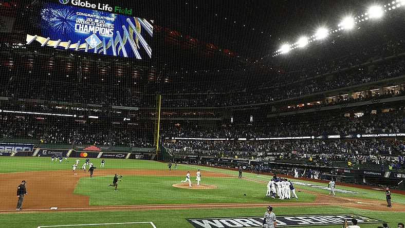 Oct 27, 2020; Arlington, Texas, USA; An overall view of the field as the Los Angeles Dodgers celebrate winning the World Series over the Tampa Bay Rays after game six of the 2020 World Series at Globe Life Field. Mandatory Credit: Kevin Jairaj-USA TODAY Sports