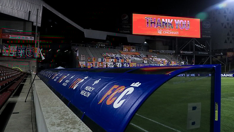 Oct 28, 2020; Cincinnati, OH, USA; A view of the video board thanking fans and the University of Cincinnati, after the game between Sporting Kansas City and FC Cincinnati at Nippert Stadium. Mandatory Credit: Aaron Doster-USA TODAY Sports