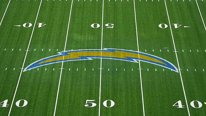 Nov 8, 2020; Inglewood, California, USA; A general view of the Los Angeles Chargers bolt logo at midfield at SoFi Stadium. Mandatory Credit: Kirby Lee-USA TODAY Sports