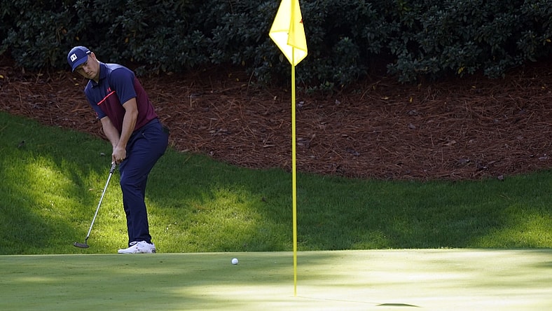 Nov 12, 2020; Augusta, Georgia, USA; Jordan Spieth putts on the 13th green during the first round of The Masters golf tournament at Augusta National GC. Mandatory Credit: Rob Schumacher-USA TODAY Sports