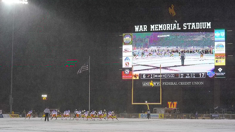 Dec 12, 2020; Laramie, Wyoming, USA; A general view of War Memorial Stadium during the Wyoming Cowboys against the Boise State Broncos during the fourth quarter at Jonah Field. Mandatory Credit: Troy Babbitt-USA TODAY Sports