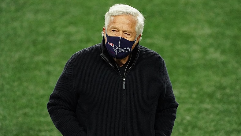Dec 28, 2020; Foxborough, Massachusetts, USA; New England Patriots owner Robert Kraft  on the field as his team warms up before the start of the game against the Buffalo Bills at Gillette Stadium. Mandatory Credit: David Butler II-USA TODAY Sports