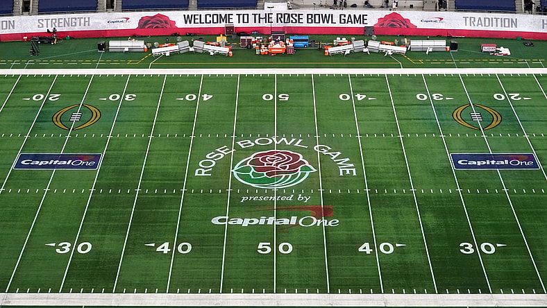 Jan 1, 2021; Arlington, Texas, USA; A general view of the Rose Bowl game logo at midfield during the Rose Bowl between the Alabama Crimson Tide and the Notre Dame Fighting Irish at AT&T Stadium. Mandatory Credit: Kirby Lee-USA TODAY Sports