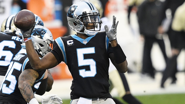 Jan 3, 2021; Charlotte, North Carolina, USA; Carolina Panthers quarterback Teddy Bridgewater (5) looks to pass in the first quarter at Bank of America Stadium. Mandatory Credit: Bob Donnan-USA TODAY Sports