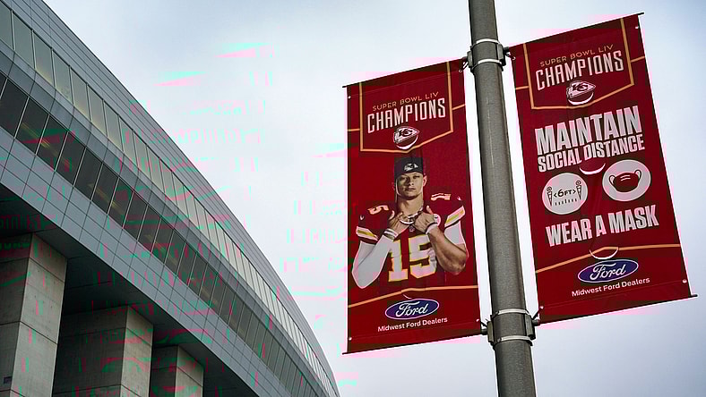 Jan 24, 2021; Kansas City, Missouri, USA; A sign featuring Kansas City Chiefs quarterback Patrick Mahomes (15) with COVID-19 protocol is seen before the AFC Championship Game against the Buffalo Bills at Arrowhead Stadium. Mandatory Credit: Jay Biggerstaff-USA TODAY Sports