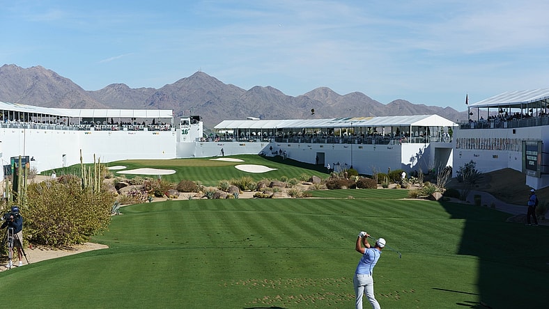 Feb 7, 2021; Scottsdale, Arizona, USA; Brooks Koepka on the par 3 16th hole during the final round of the Waste Management Phoenix Open golf tournament at TPC Scottsdale. Mandatory Credit: Allan Henry-USA TODAY Sports