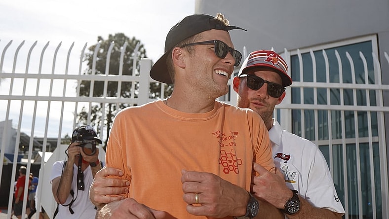 Feb 10, 2021; Tampa Bay, FL, USA;  Tampa Bay Buccaneers quarterback Tom Brady (left) and quarterback Ryan Griffin after a boat parade to celebrate victory in Super Bowl LV against the Kansas City Chiefs. Mandatory Credit: Kim Klement-USA TODAY Sports