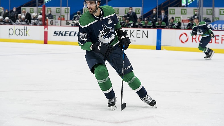 Feb 21, 2021; Vancouver, British Columbia, CAN; Vancouver Canucks forward Brandon Sutter (20) skates against the Winnipeg Jets in the second period  at Rogers Arena. Mandatory Credit: Bob Frid-USA TODAY Sports