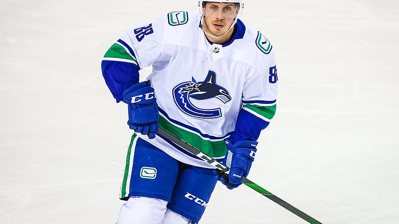 Feb 17, 2021; Calgary, Alberta, CAN; Vancouver Canucks defenseman Nate Schmidt (88) skates against the Calgary Flames during the first period at Scotiabank Saddledome. Mandatory Credit: Sergei Belski-USA TODAY Sports