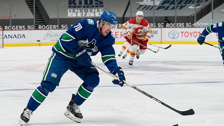 Feb 15, 2021; Vancouver, British Columbia, CAN; Vancouver Canucks forward Tanner Pearson (70) skates against the Calgary Flames in the third period period at Rogers Arena. Flames won 4-3 in Overtime. Mandatory Credit: Bob Frid-USA TODAY Sports