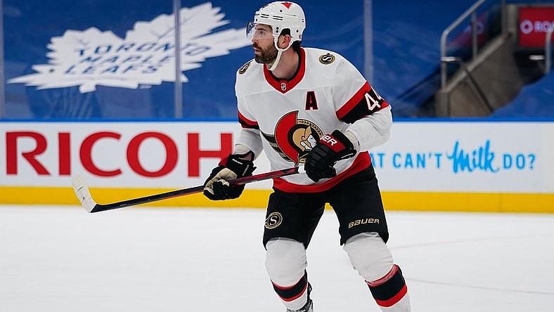 Feb 17, 2021; Toronto, Ontario, CAN; Ottawa Senators defenseman Erik Gudbranson (44) skates against he Toronto Maple Leafs at Scotiabank Arena. Toronto defeated Ottawa 2-1. Mandatory Credit: John E. Sokolowski-USA TODAY Sports