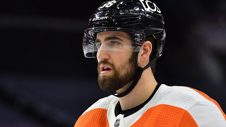 Feb 18, 2021; Philadelphia, Pennsylvania, USA; Philadelphia Flyers defenseman Erik Gustafsson (56) during the first period against the New York Rangers at Wells Fargo Center. Mandatory Credit: Eric Hartline-USA TODAY Sports