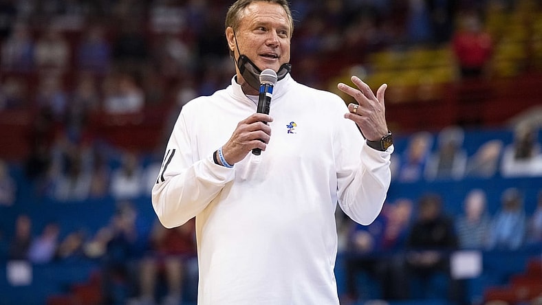 Feb 27, 2021; Lawrence, Kansas, USA;  Kansas Jayhawks head coach Bill Self speaks about Kansas Jayhawks guard Marcus Garrett (0) after his team defeated the Baylor Bears at Allen Fieldhouse. Mandatory Credit: Amy Kontras-USA TODAY Sports