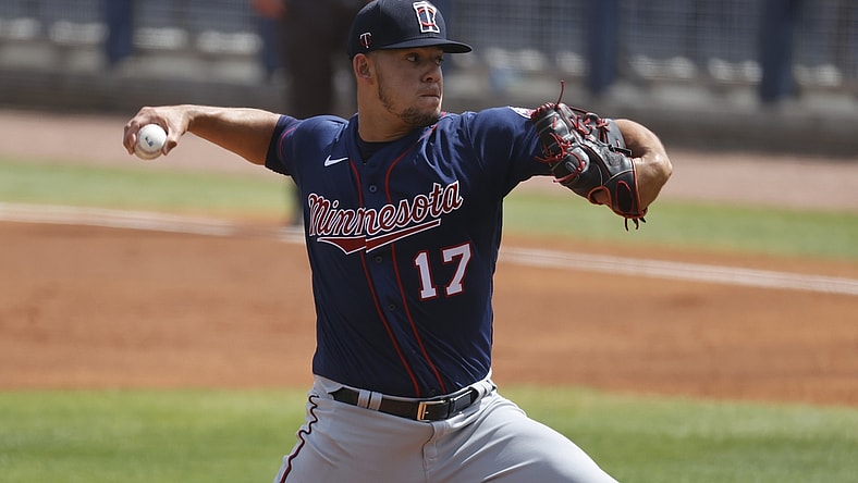 Mar 10, 2021; Port Charlotte, Florida, USA;  Minnesota Twins starting pitcher Jose Berrios (17) throws a pitch during the first inning against the Tampa Bay Rays at Charlotte Sports Park. Mandatory Credit: Kim Klement-USA TODAY Sports